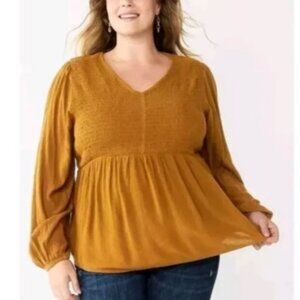 Sonoma Smocked Bodie Peasant Top Gold‎ Plus Size 2X Stretch